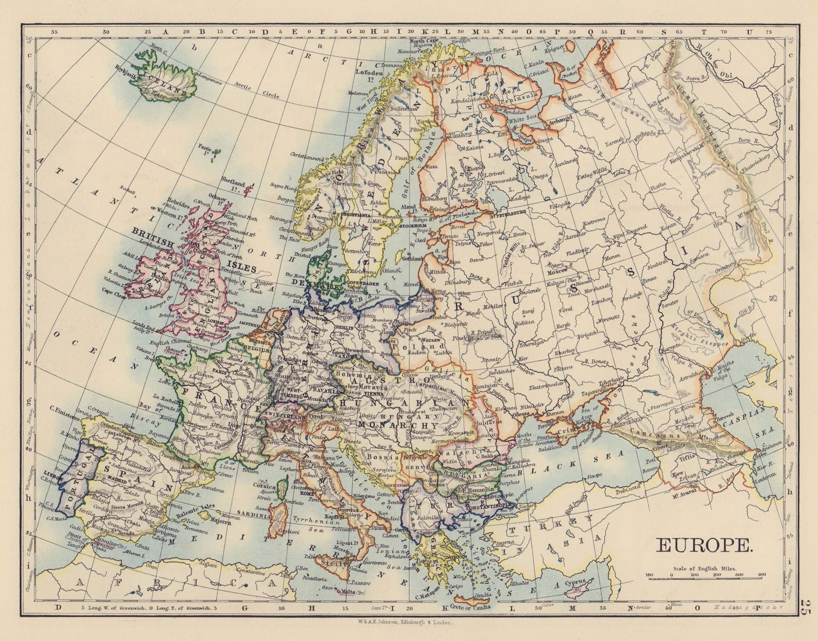 EUROPE POLITICAL. Austria-Hungary. United Sweden & Norway. JOHNSTON 1901 map